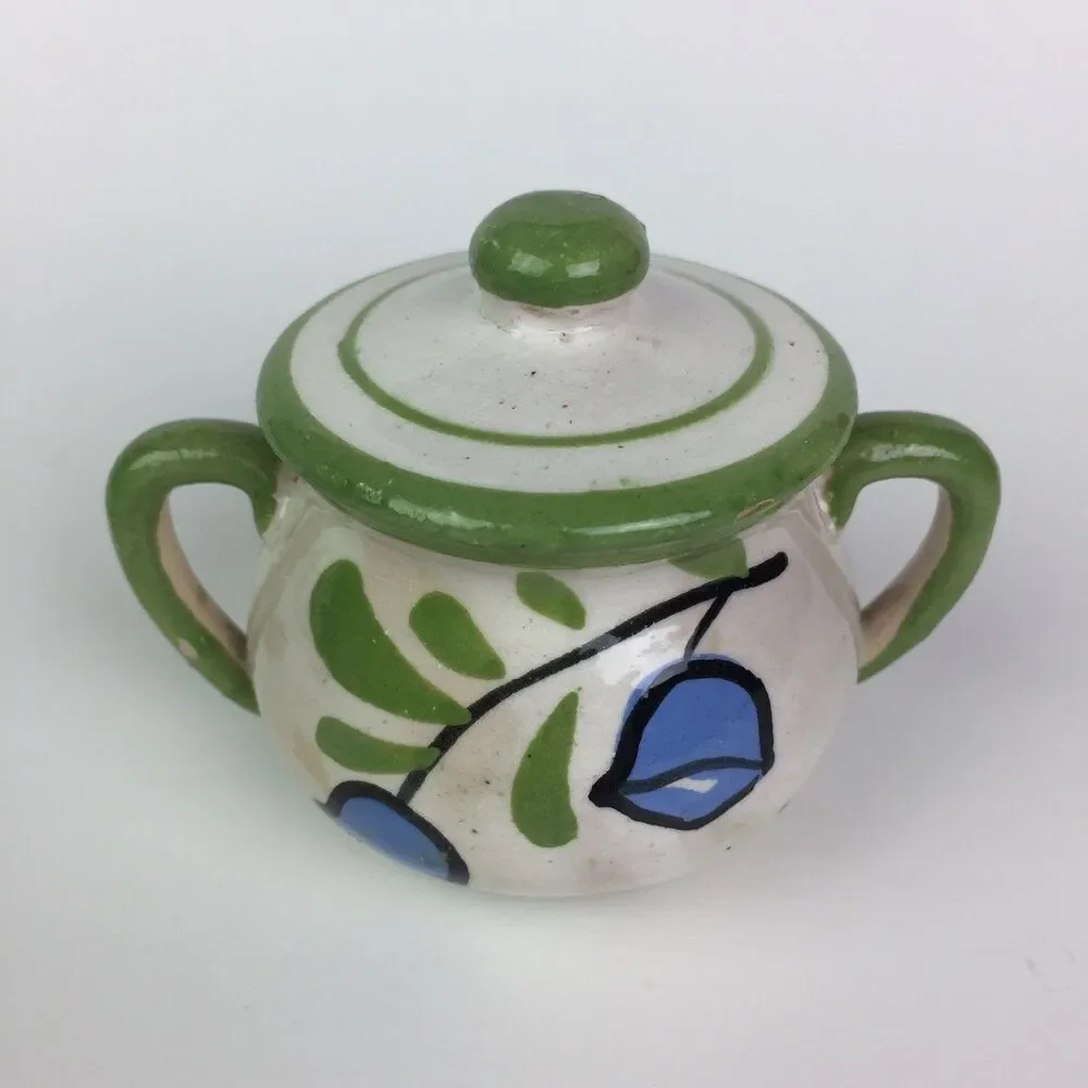 Vtg Italy Handpainted Blue Tulip Flower Stoneware Creamer Sugar Bowl Tray Set